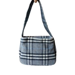 Burberrys Blue Multicolour Check Wool Blend Shoulder Bag
